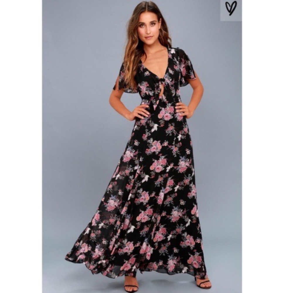 Lulus Wing of Love Black Floral Print Maxi Dress